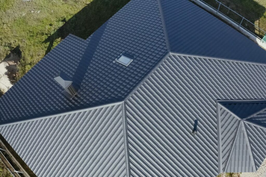 Aerial view of a metal tile roof