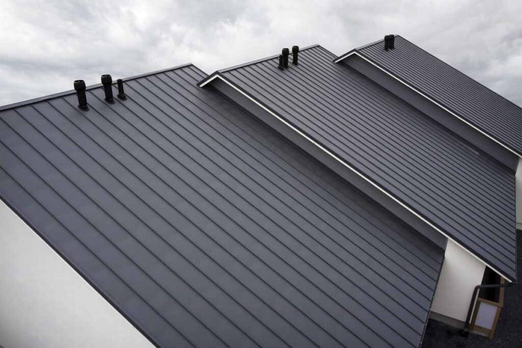 Close-up black standing seam metal roof