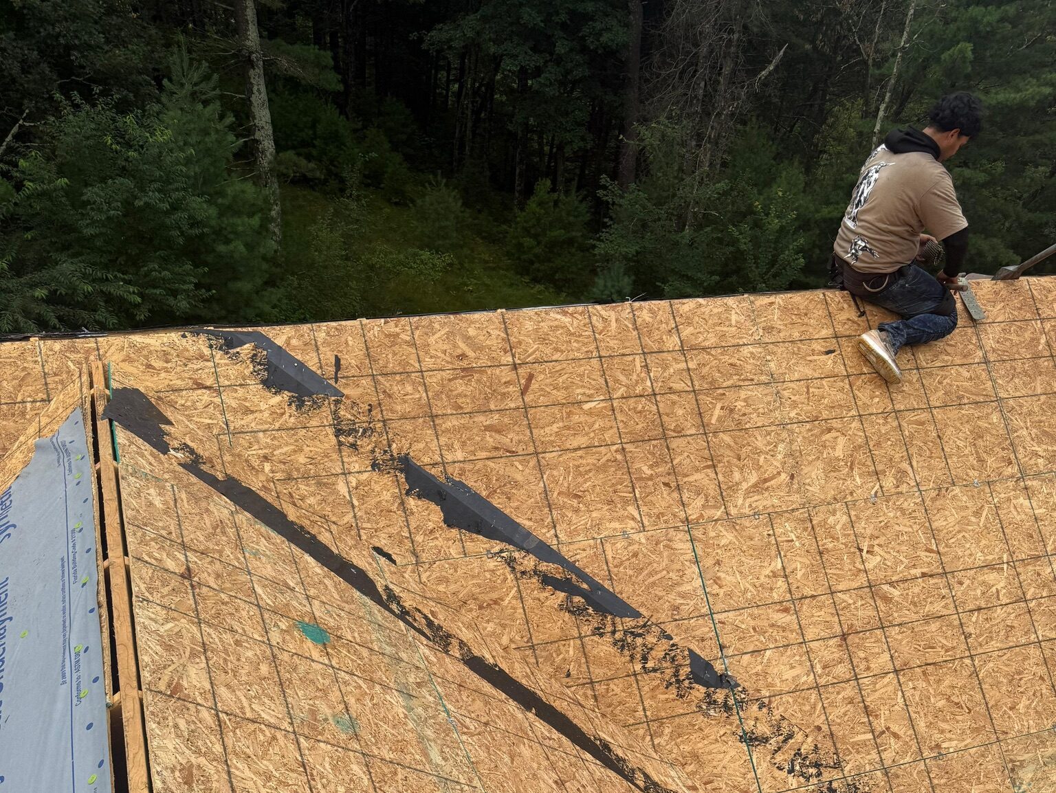 roof replacement cost worker on top of wood plank removing shingles